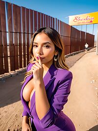 Latina girl with purple suit grey eyes and big breasts dances sensually near the border wall